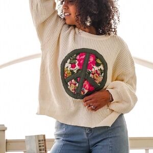 POL Embroidered Floral Peace Sign Sweater Oversized fits to 1X Boho